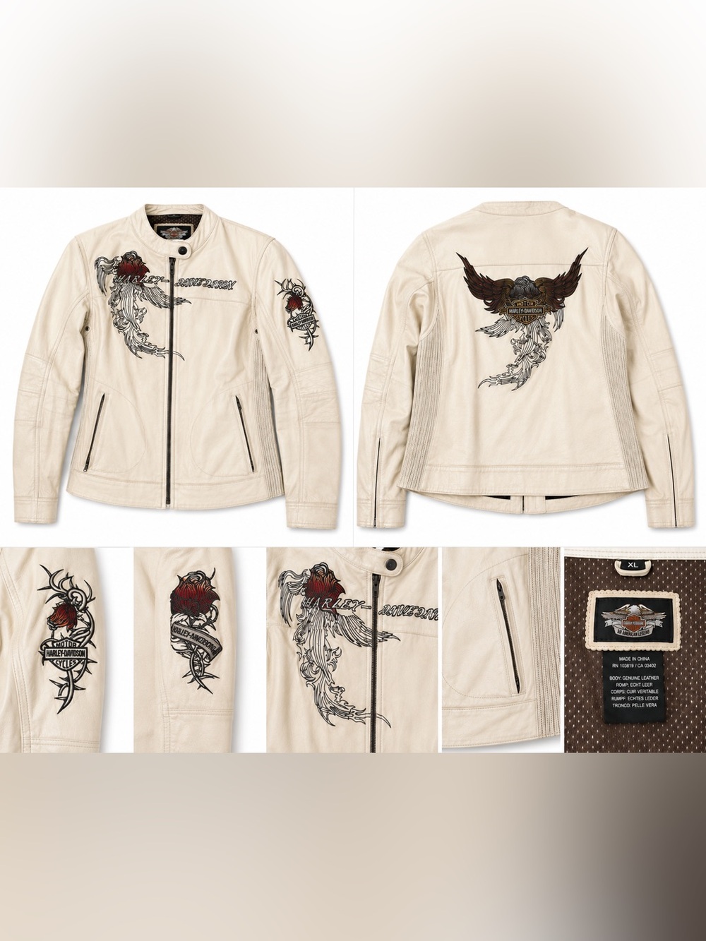 Harley-Davidson Cream Leather Jacket with Black and Red Embroidered Wings & Rose